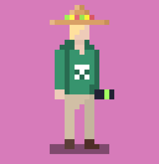 The Dudebits mascot — a pixel dude in a straw hat